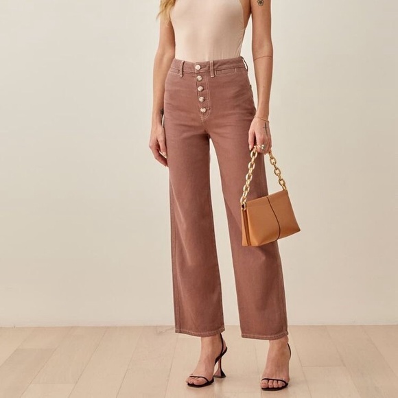 Reformation Denim - Reformation Lexi High Rise‎ Wide Leg Crop Jeans Rye Tan Button Front Summer